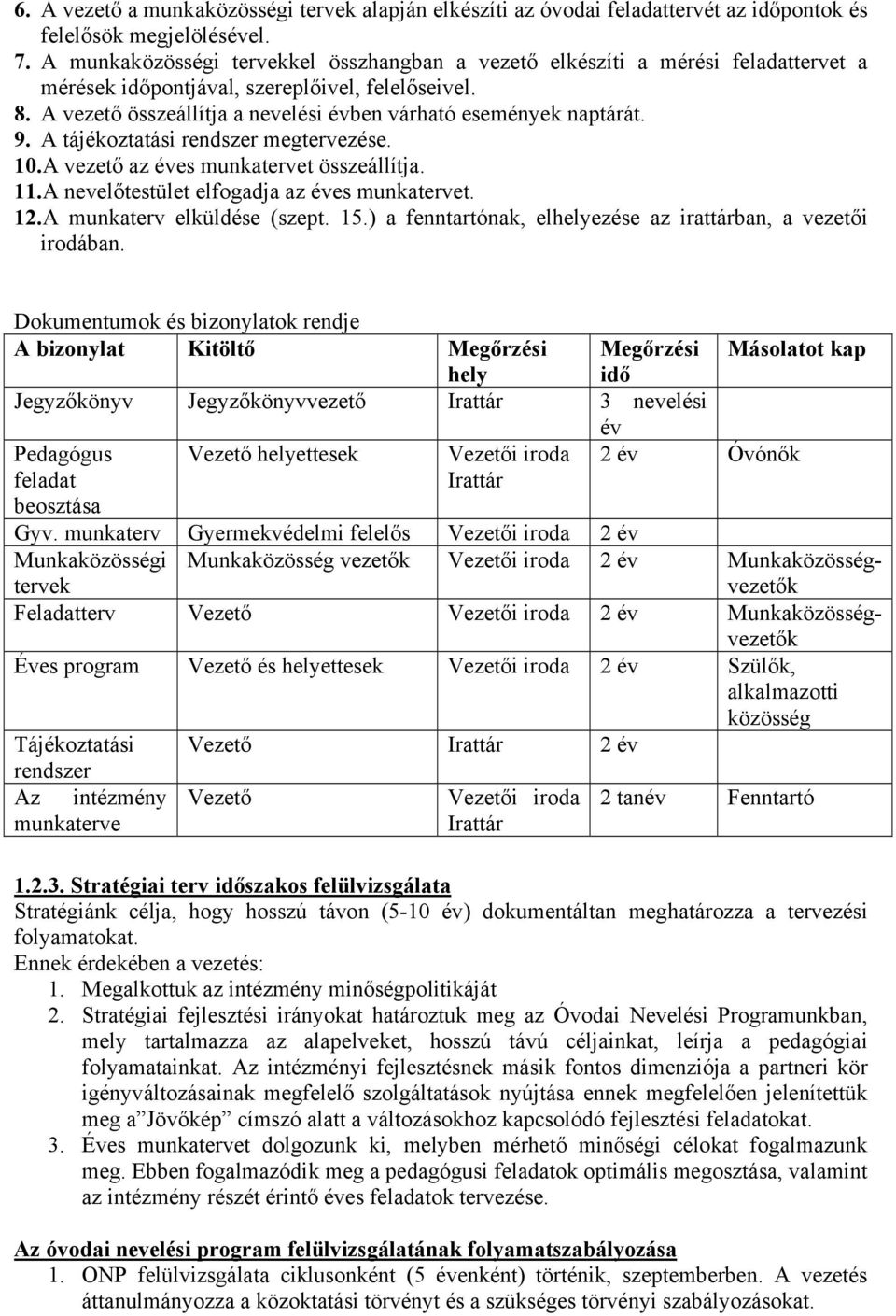 A vezető összeállítja a nevelési évben várható események naptárát. 9. A tájékoztatási rendszer megtervezése. 10.A vezető az éves munkatervet összeállítja. 11.