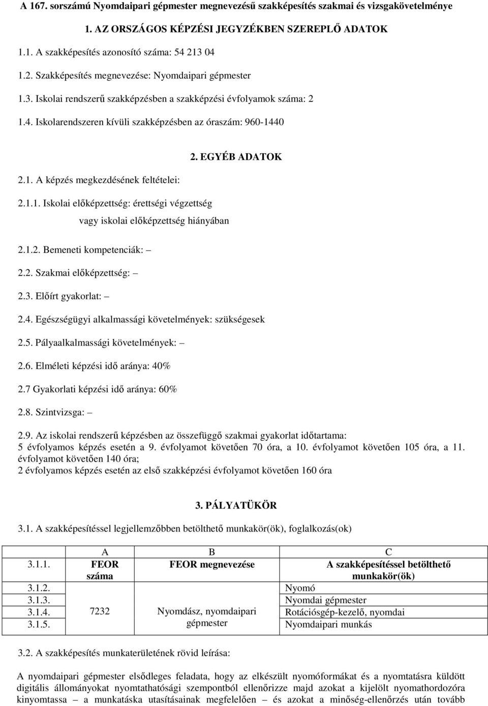 EGYÉB ADATOK 2.1. A képzés megkezdésének feltételei: 2.1.1. Iskolai előképzettség: érettségi végzettség vagy iskolai előképzettség hiányában 2.1.2. Bemeneti kompetenciák: 2.2. Szakmai előképzettség: 2.