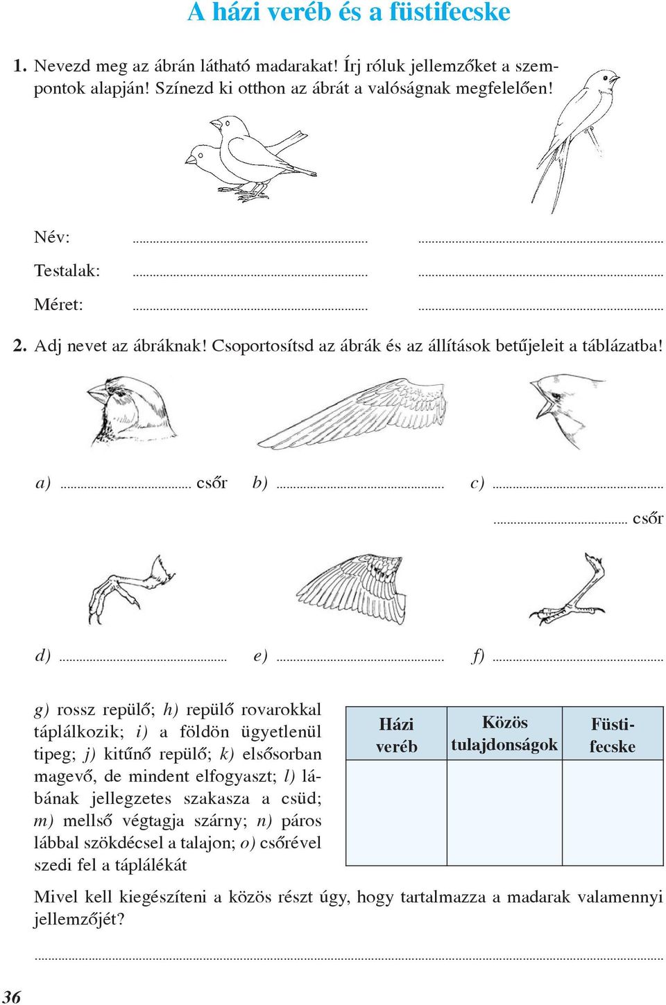 .. 36 g) rossz repülô; h) repülô rovarokkal táplálkozik; i) a földön ügyetlenül tipeg; j) kitûnô repülô; k) elsôsorban magevô, de mindent elfogyaszt; l) lábának jellegzetes szakasza a csüd; m)