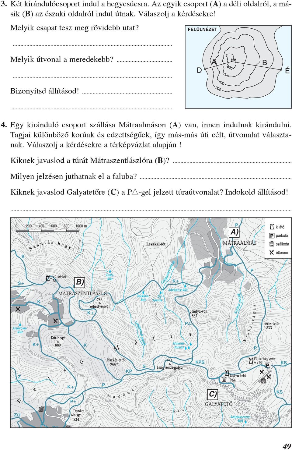 Tagjai különbözõ korúak és edzettségûek, így más-más úti célt, útvonalat választanak. Válaszolj a kérdésekre a térképvázlat alapján! Kiknek javaslod a túrát Mátraszentlászlóra (B)?