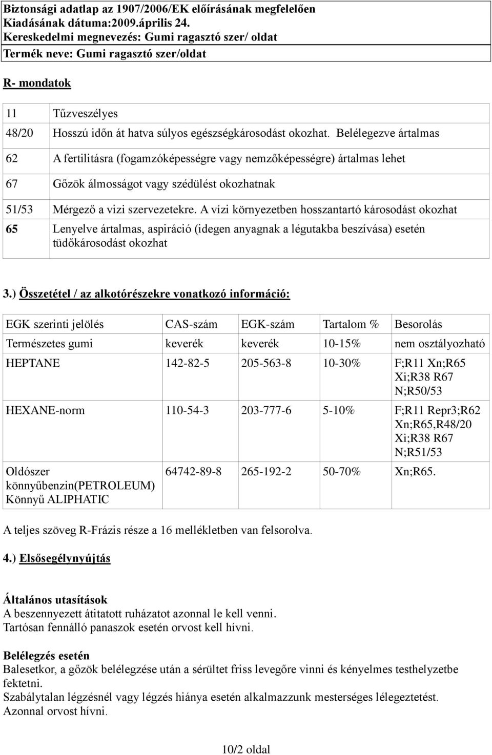 A vízi környezetben hosszantartó károsodást okozhat 65 Lenyelve ártalmas, aspiráció (idegen anyagnak a légutakba beszívása) esetén tüdőkárosodást okozhat 3.