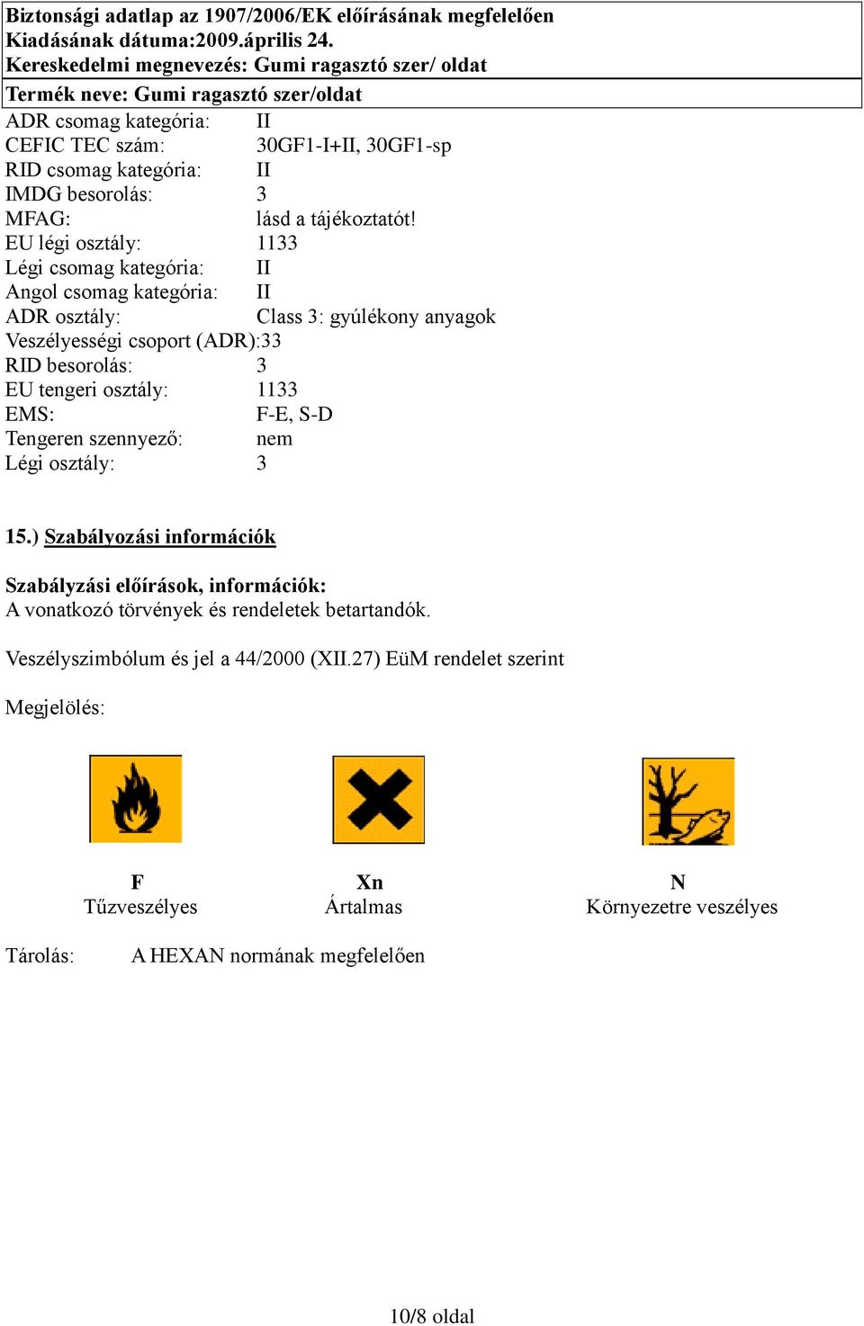 tengeri osztály: 1133 EMS: F-E, S-D Tengeren szennyező: nem Légi osztály: 3 15.