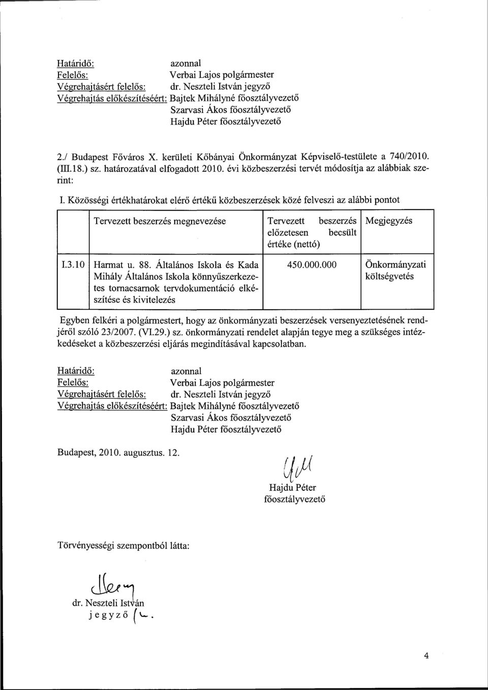 kerületi Kőbányai Önkormányzat Képviselő-testülete a 740/2010. (ül. 18.) sz. határozatával elfogadott 2010. évi közbeszerzési tervét módosítja az alábbiak szerint: I.