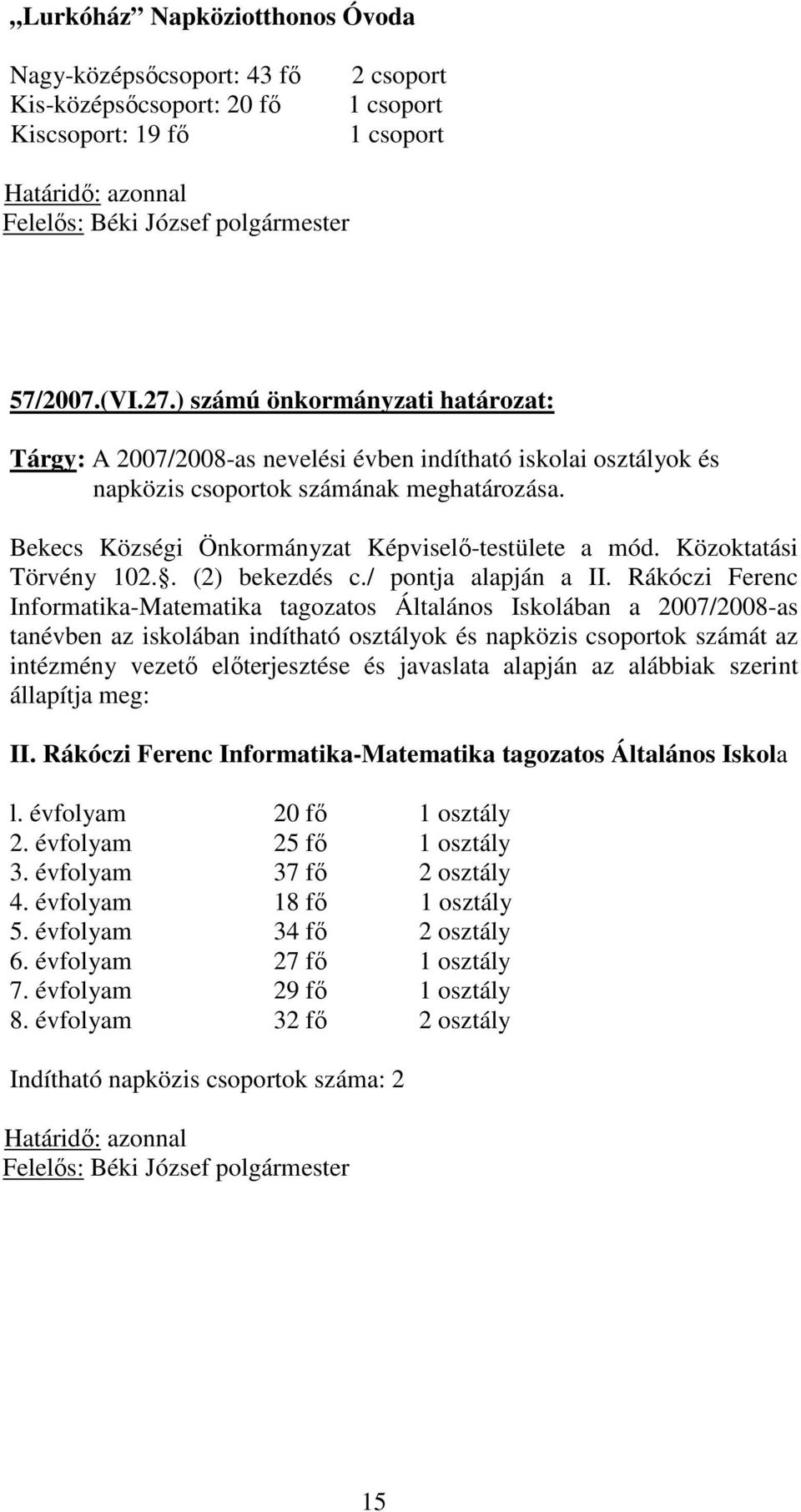 Közoktatási Törvény 102.. (2) bekezdés c./ pontja alapján a II.