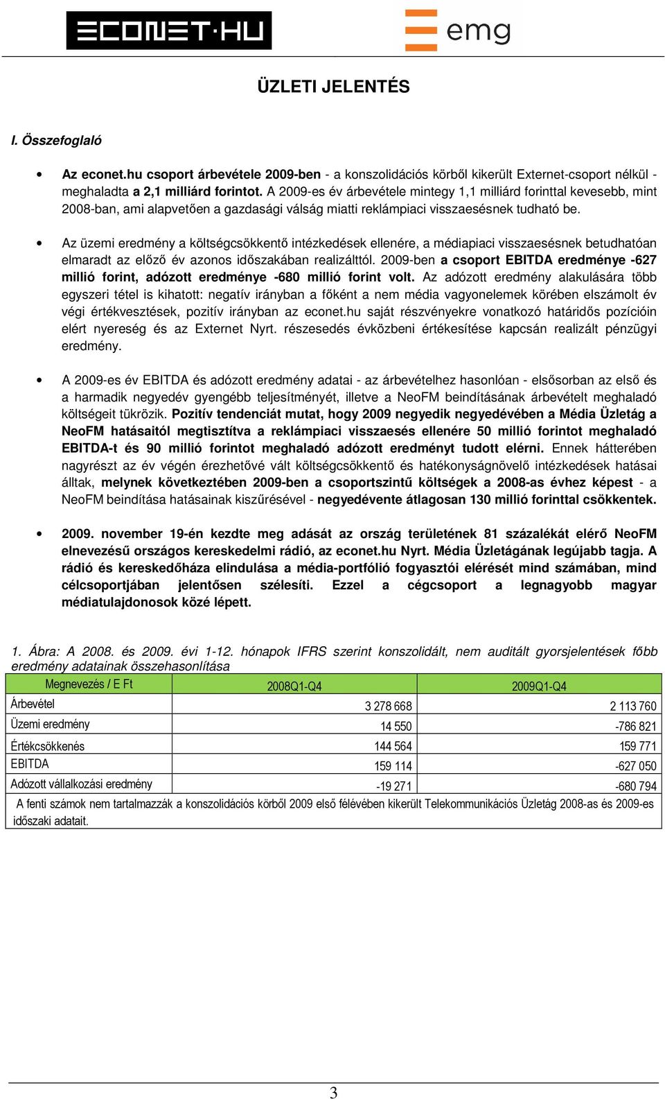 Az üzemi eredmény a költségcsökkentő intézkedések ellenére, a médiapiaci visszaesésnek betudhatóan elmaradt az előző év azonos időszakában realizálttól.