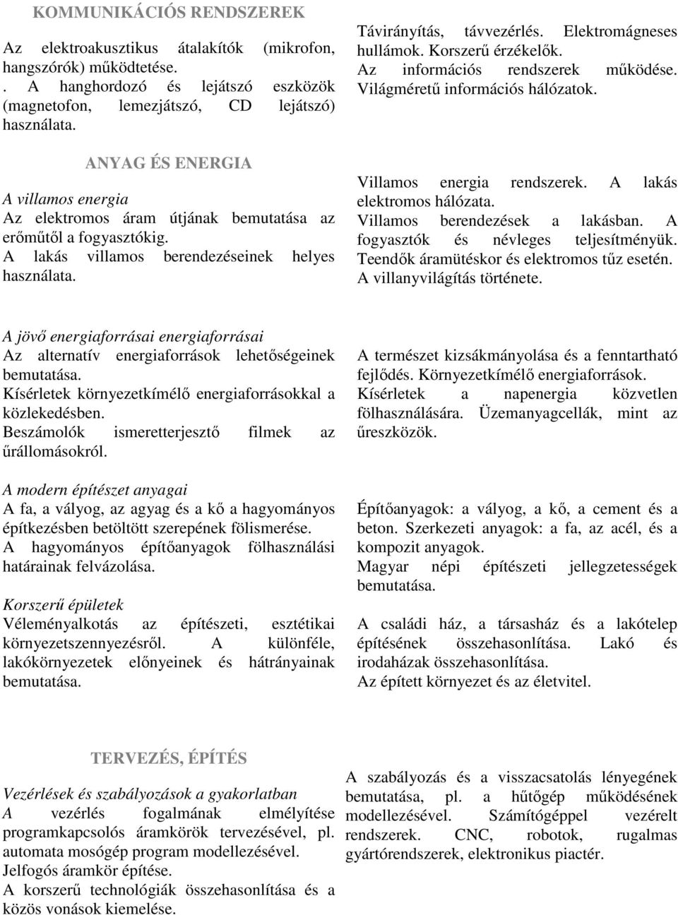 Elektromágneses hullámok. Korszerű érzékelők. Az információs rendszerek működése. Világméretű információs hálózatok. Villamos energia rendszerek. A lakás elektromos hálózata.