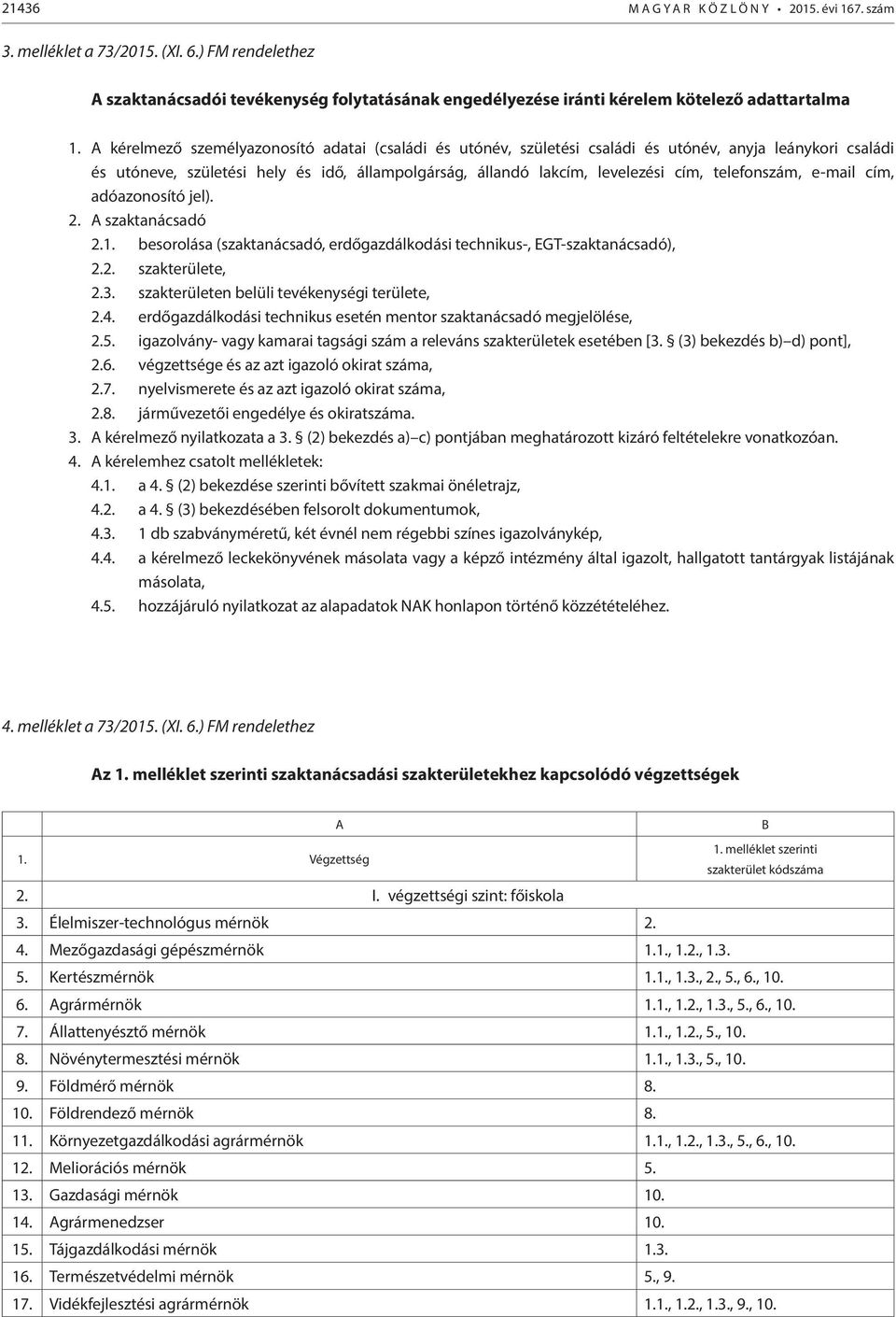 telefonszám, e-mail cím, adóazonosító jel). 2. A szaktanácsadó 2.1. besorolása (szaktanácsadó, erdőgazdálkodási technikus-, EGT-szaktanácsadó), 2.2. szakterülete, 2.3.