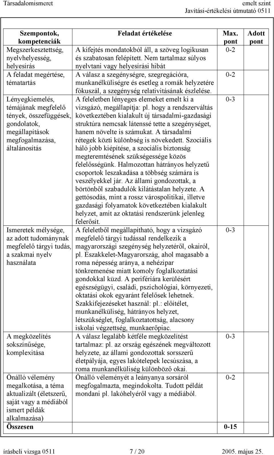 aktualizált (életszerű, saját vagy a médiából ismert példák alkalmazása) Feladat értékelése A kifejtés mondatokból áll, a szöveg logikusan és szabatosan felépített.