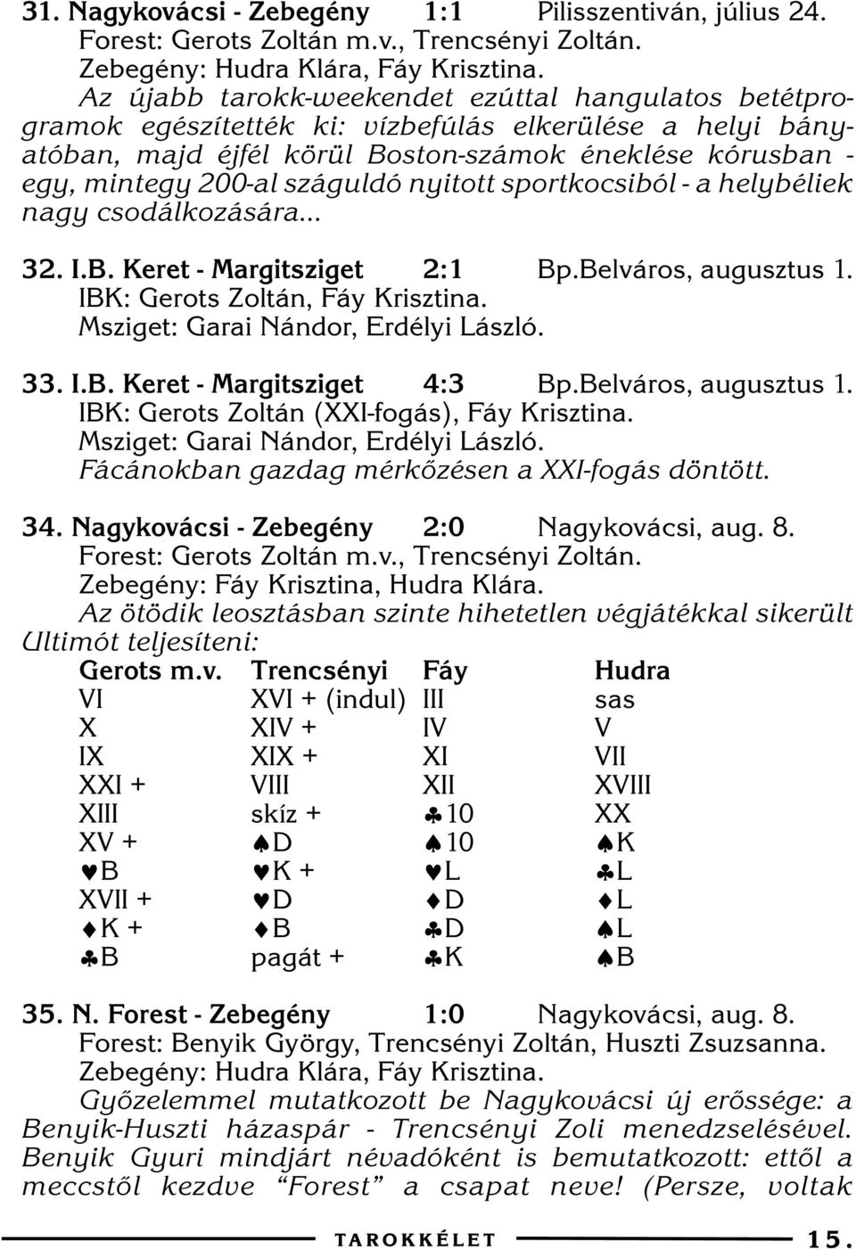 nyitott sportkocsiból - a helybéliek nagy csodálkozására... 32. I.B. Keret - Margitsziget 2:1 Bp.Belváros, augusztus 1. IBK: Gerots Zoltán, Fáy Krisztina. Msziget: Garai Nándor, Erdélyi László. 33. I.B. Keret - Margitsziget 4:3 Bp.