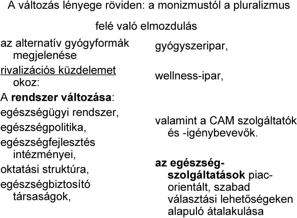 oktatási struktúra, egészségbiztosító társaságok, felé való elmozdulás gyógyszeripar, wellness-ipar, valamint a