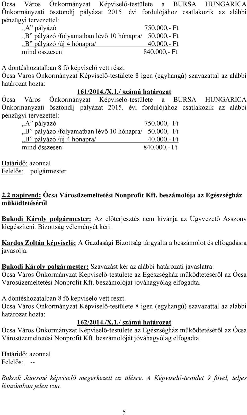 Ócsa Város Önkormányzat Képviselő-testülete 8 (egyhangú) szavazattal az alábbi határozat hozta: 161/2014./X.1./ számú határozat 000,- Ft B pályázó /folyamatban lévő 10 hónapra/ 50.