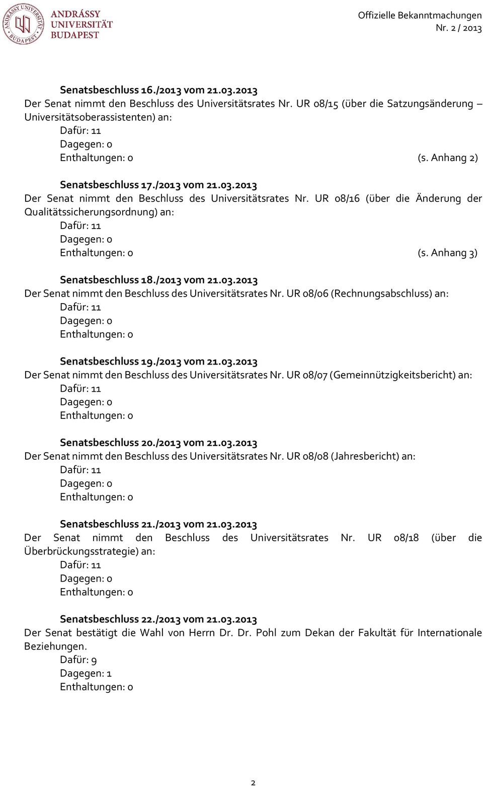 2013 Der Senat nimmt den Beschluss des Universitätsrates Nr. UR 08/16 (über die Änderung der Qualitätssicherungsordnung) an: Dafür: 11 Dagegen: 0 Enthaltungen: 0 (s. Anhang 3) Senatsbeschluss 18.