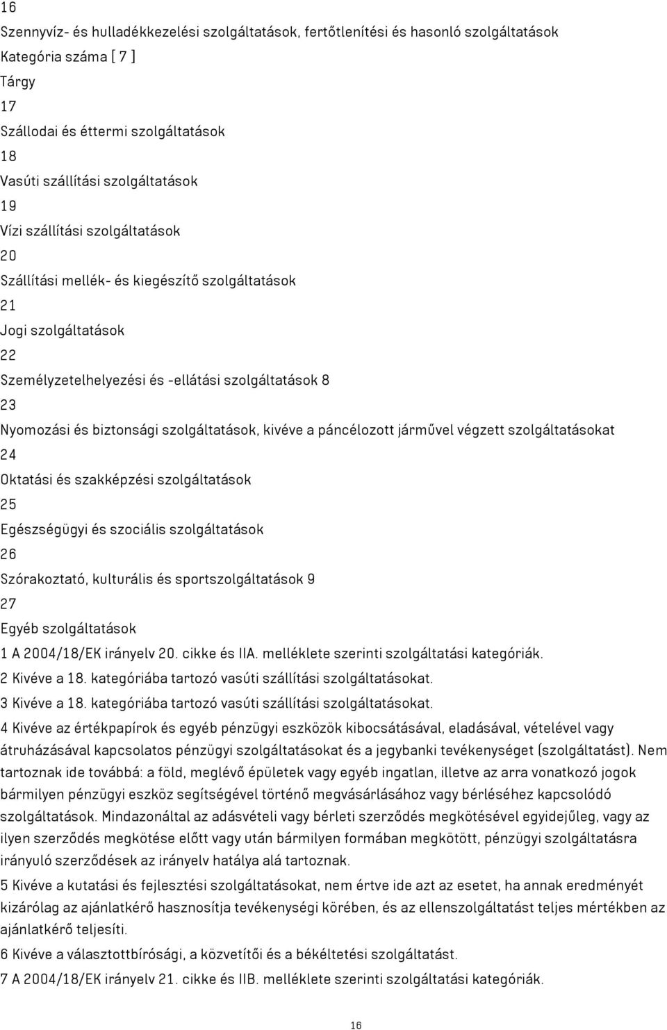 szolgáltatások, kivéve a páncélozott járművel végzett szolgáltatásokat 24 Oktatási és szakképzési szolgáltatások 25 Egészségügyi és szociális szolgáltatások 26 Szórakoztató, kulturális és