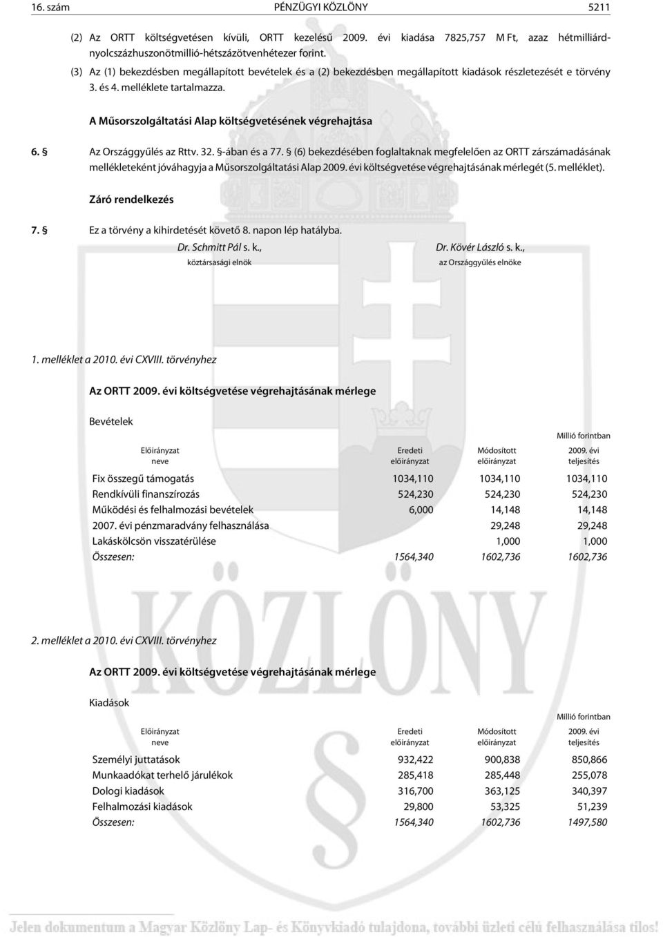 A Mûsorszolgáltatási Alap költségvetésének végrehajtása 6. Az Országgyûlés az Rttv. 32. -ában és a 77.