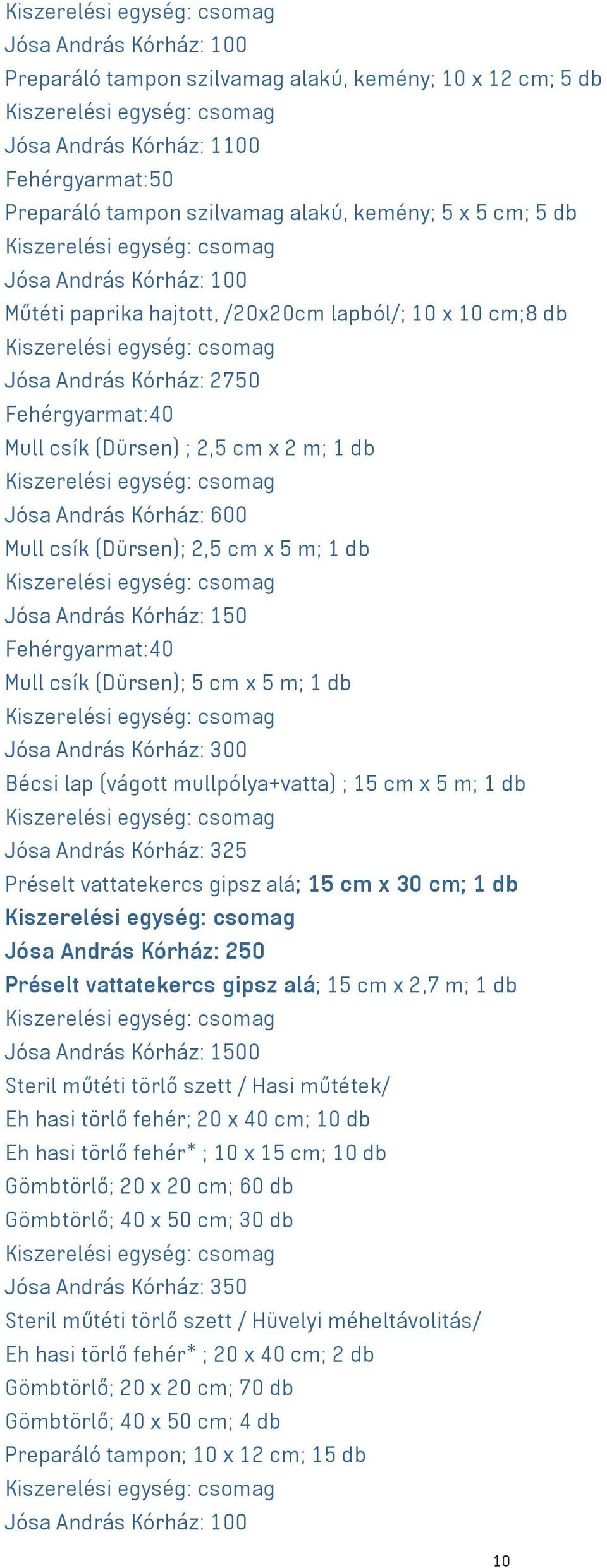 cm x 5 m; 1 db Jósa András Kórház: 150 Fehérgyarmat:40 Mull csík (Dürsen); 5 cm x 5 m; 1 db Jósa András Kórház: 300 Bécsi lap (vágott mullpólya+vatta) ; 15 cm x 5 m; 1 db Jósa András Kórház: 325