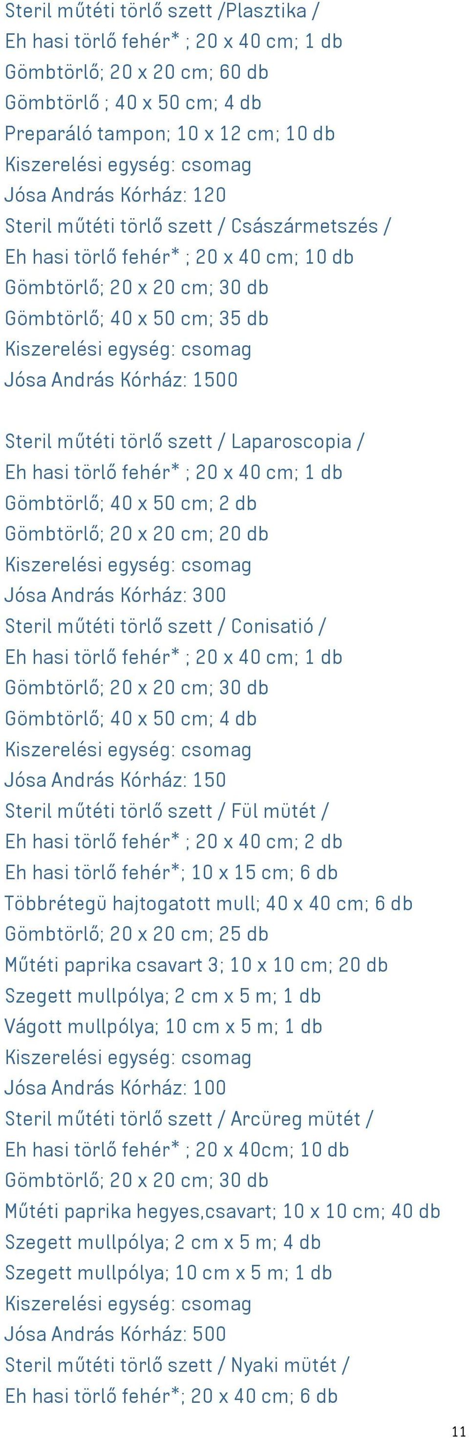 Laparoscopia / Eh hasi törlő fehér* ; 20 x 40 cm; 1 db Gömbtörlő; 40 x 50 cm; 2 db Gömbtörlő; 20 x 20 cm; 20 db Jósa András Kórház: 300 Steril műtéti törlő szett / Conisatió / Eh hasi törlő fehér* ;