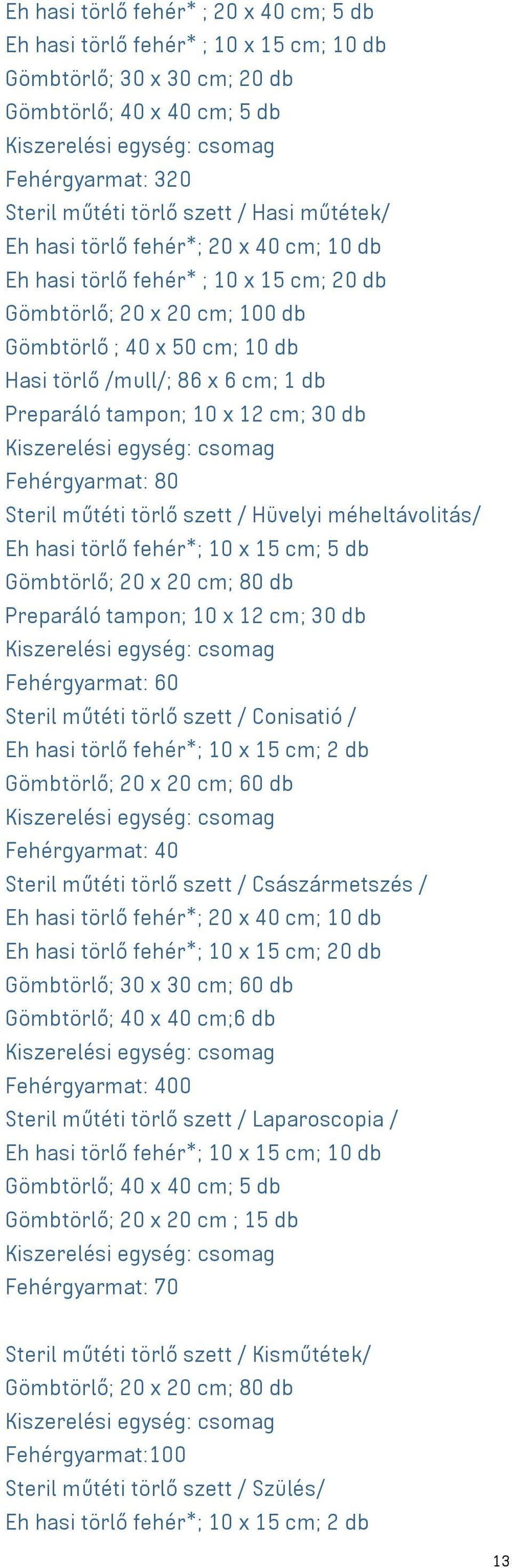 12 cm; 30 db Fehérgyarmat: 80 Steril műtéti törlő szett / Hüvelyi méheltávolitás/ Eh hasi törlő fehér*; 10 x 15 cm; 5 db Gömbtörlő; 20 x 20 cm; 80 db Preparáló tampon; 10 x 12 cm; 30 db Fehérgyarmat: