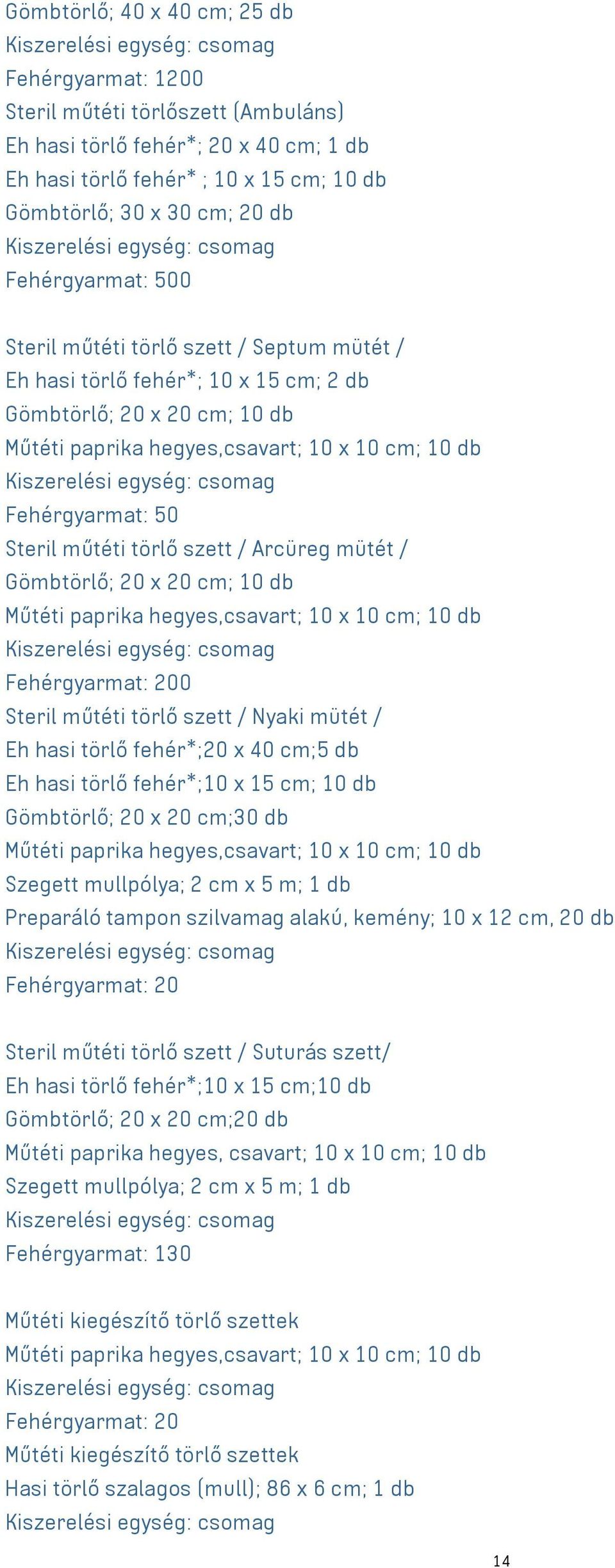 Steril műtéti törlő szett / Arcüreg mütét / Gömbtörlő; 20 x 20 cm; 10 db Műtéti paprika hegyes,csavart; 10 x 10 cm; 10 db Fehérgyarmat: 200 Steril műtéti törlő szett / Nyaki mütét / Eh hasi törlő