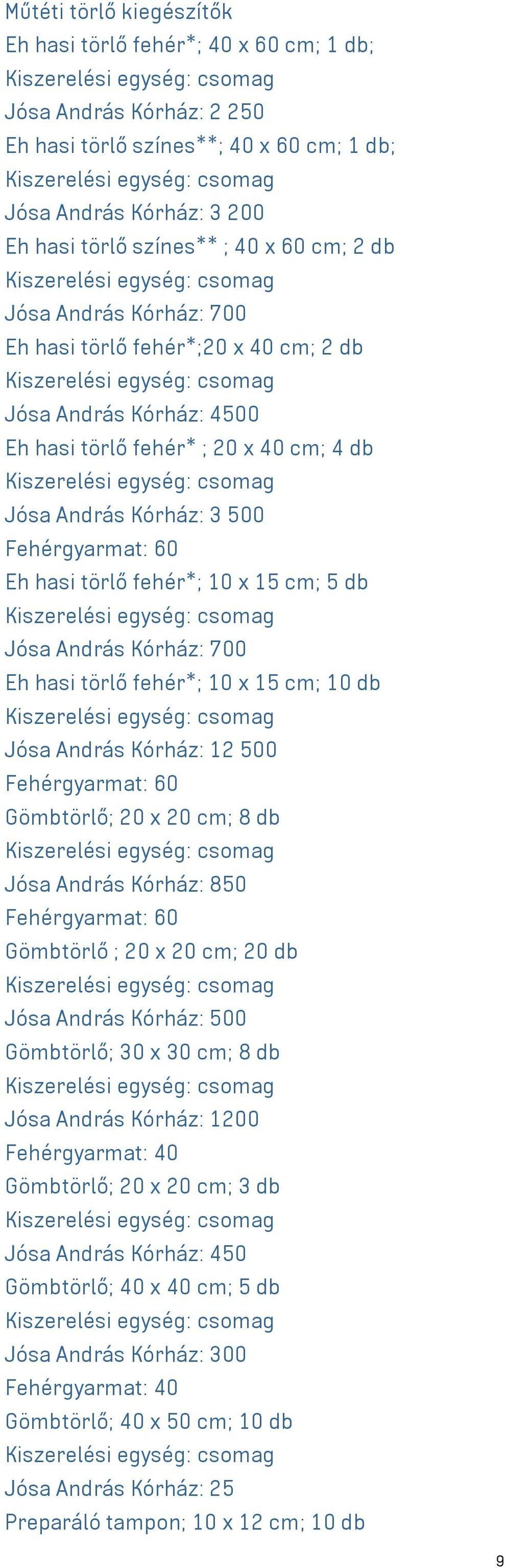 15 cm; 5 db Jósa András Kórház: 700 Eh hasi törlő fehér*; 10 x 15 cm; 10 db Jósa András Kórház: 12 500 Fehérgyarmat: 60 Gömbtörlő; 20 x 20 cm; 8 db Jósa András Kórház: 850 Fehérgyarmat: 60 Gömbtörlő