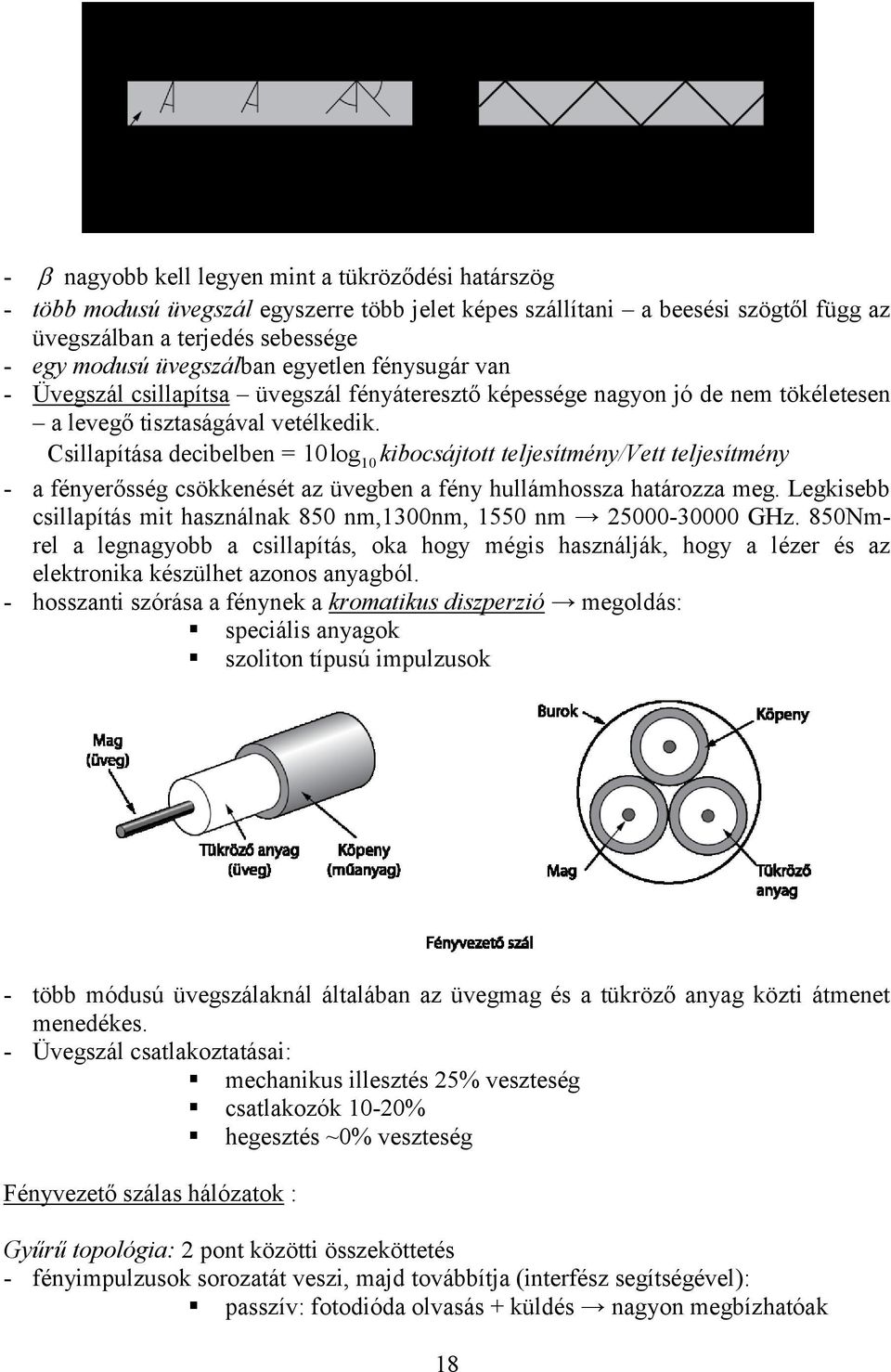 Csillapítása decibelben = 10log10kibocsájtott teljesítmény/vett teljesítmény - a fényerősség csökkenését az üvegben a fény hullámhossza határozza meg.