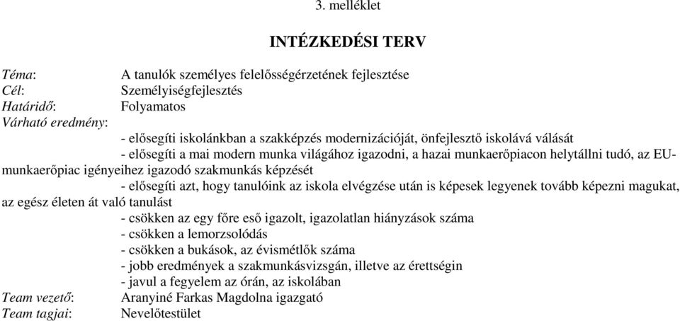 tanulóink az iskola elvégzése után is képesek legyenek tovább képezni magukat, az egész életen át való tanulást - csökken az egy fıre esı igazolt, igazolatlan hiányzások száma - csökken a