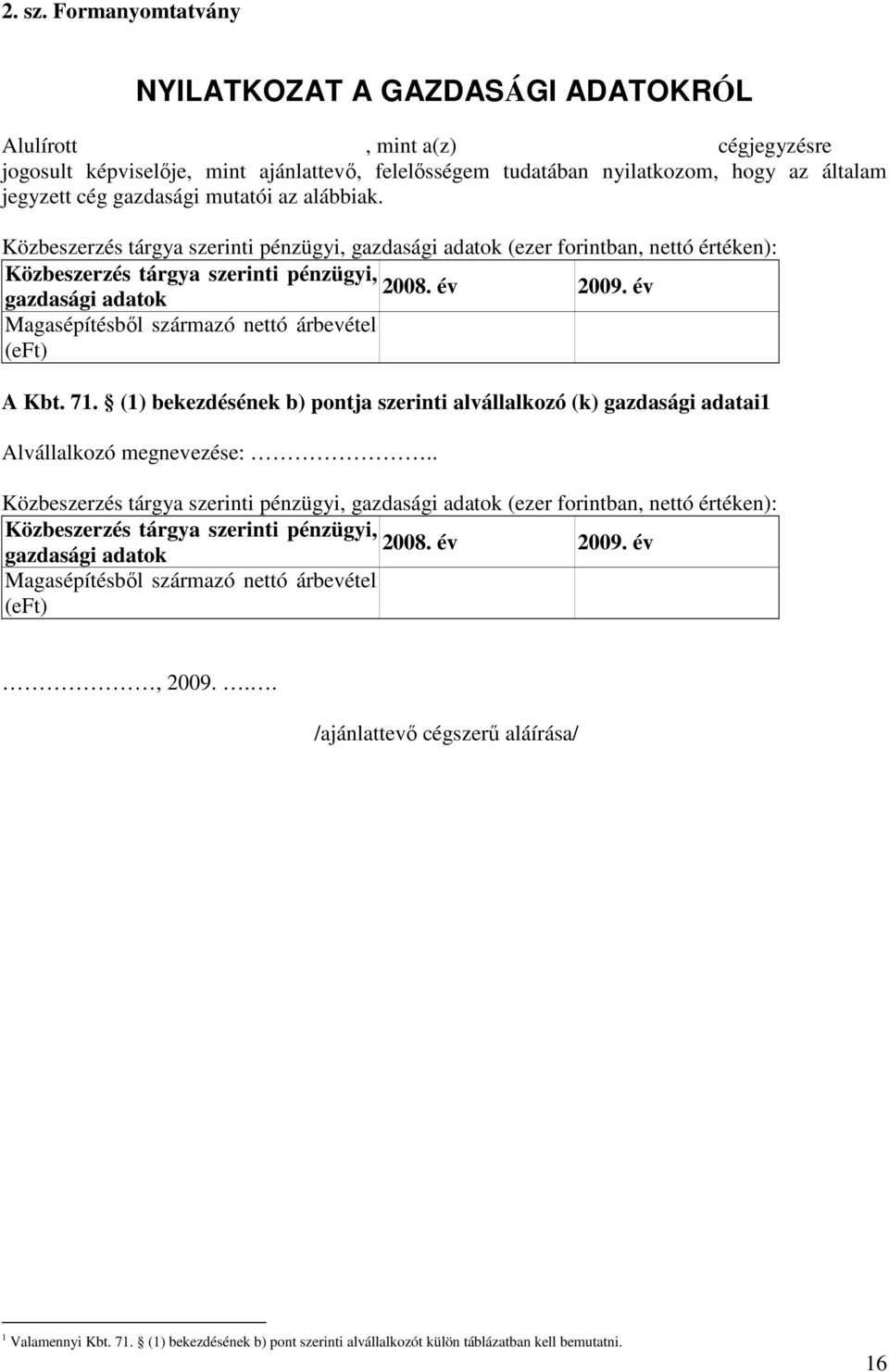 mutatói az alábbiak. Közbeszerzés tárgya szerinti pénzügyi, gazdasági adatok (ezer forintban, nettó értéken): Közbeszerzés tárgya szerinti pénzügyi, 2008. év 2009.