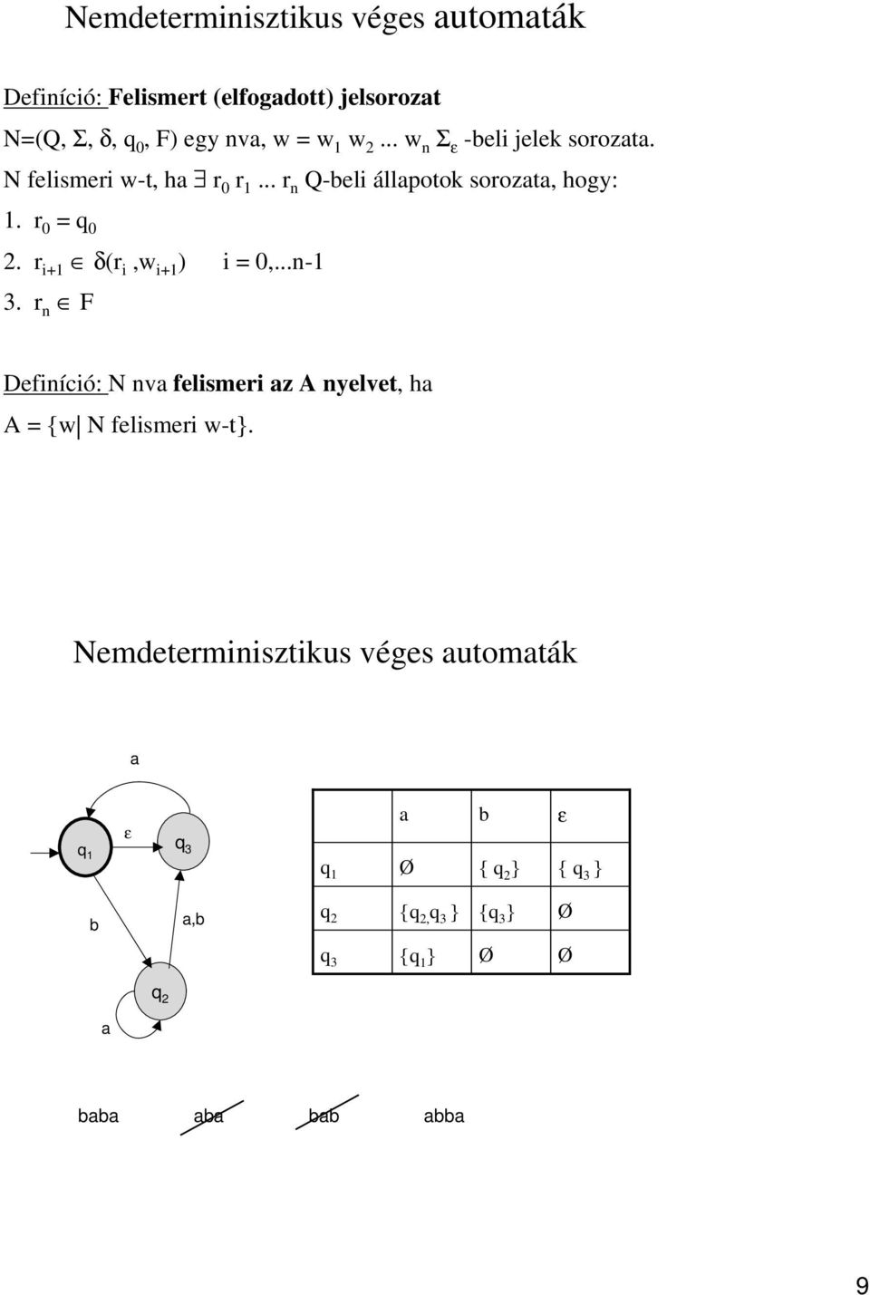 r i+1 δ(r i,w i+1 ) i = 0,...n-1 3. r n F Definíció: N nva felismeri az A nyelvet, ha A= {w N felismeri w-t}.