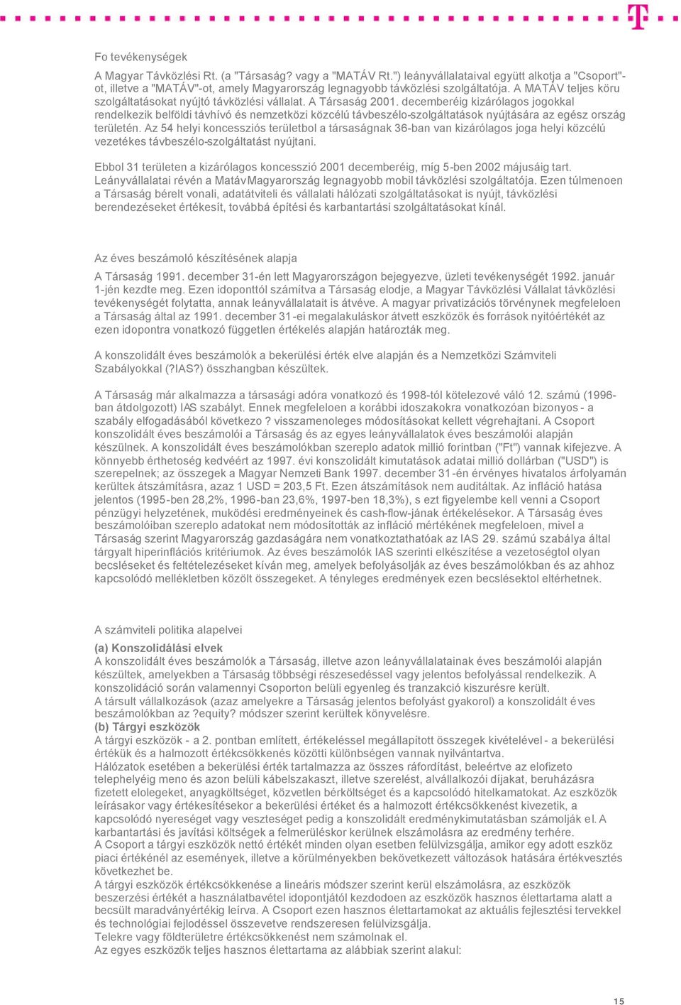 A Társaság 2001. decemberéig kizárólagos jogokkal rendelkezik belföldi távhívó és nemzetközi közcélú távbeszélo-szolgáltatások nyújtására az egész ország területén.