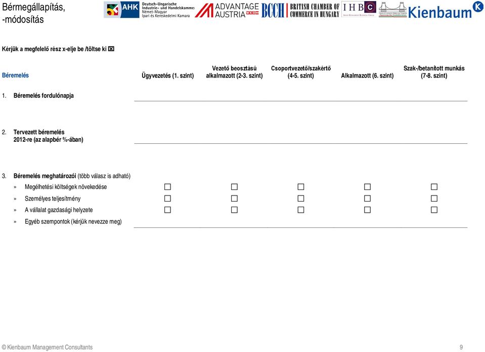 szint) Szak-/betanított munkás (7-8. szint) 1. Béremelés fordulónapja 2. Tervezett béremelés 2012-re (az alapbér %-ában) 3.