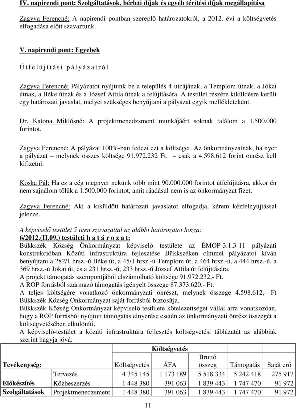 napirendi pont: Egyebek Ú t f e l ú j í t á s i p á l y á z a t r ó l Zagyva Ferencné: Pályázatot nyújtunk be a település 4 utcájának, a Templom útnak, a Jókai útnak, a Béke útnak és a József Attila