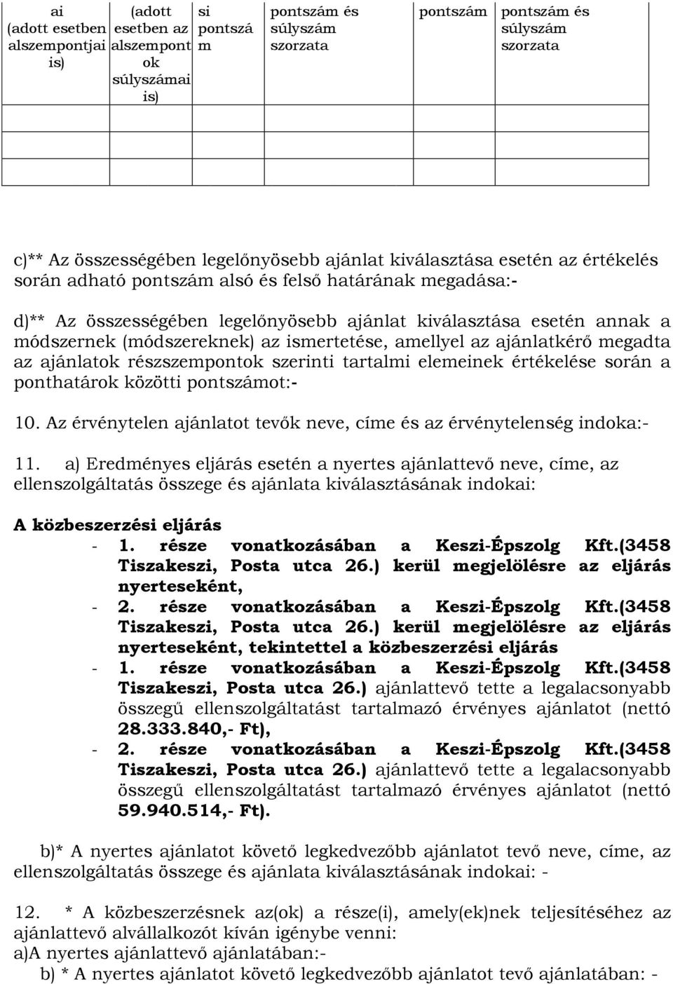 (módszereknek) az ismertetése, amellyel az ajánlatkérő megadta az ajánlatok részszempontok szerinti tartalmi elemeinek értékelése során a ponthatárok közötti pontszámot:- 10.