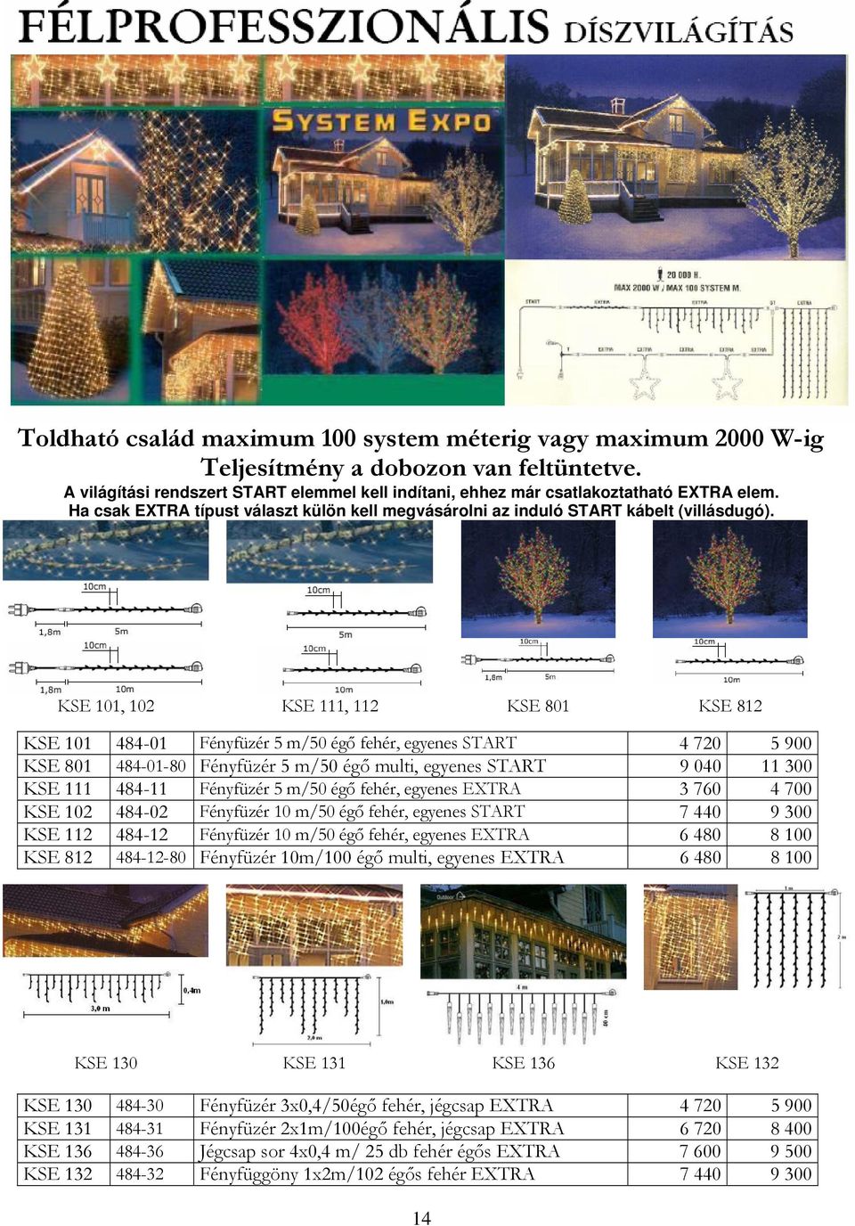 KSE 101, 102 KSE 111, 112 KSE 801 KSE 812 KSE 101 484-01 Fényfüzér 5 m/50 égő fehér, egyenes START 4 720 5 900 KSE 801 484-01-80 Fényfüzér 5 m/50 égő multi, egyenes START 9 040 11 300 KSE 111 484-11