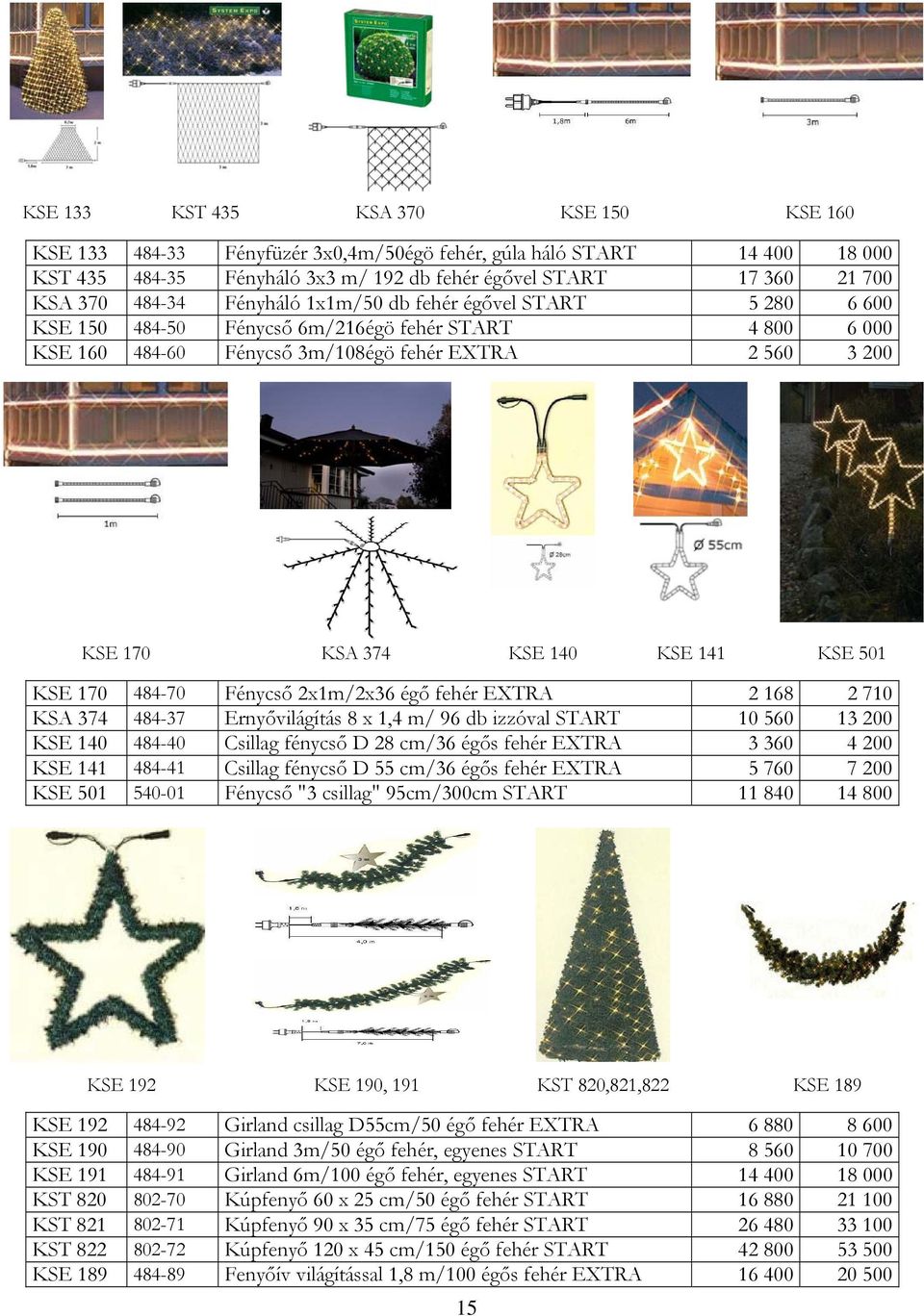 KSE 501 KSE 170 484-70 Fénycső 2x1m/2x36 égő fehér 2 168 2 710 KSA 374 484-37 Ernyővilágítás 8 x 1,4 m/ 96 db izzóval START 10 560 13 200 KSE 140 484-40 Csillag fénycső D 28 cm/36 égős fehér 3 360 4