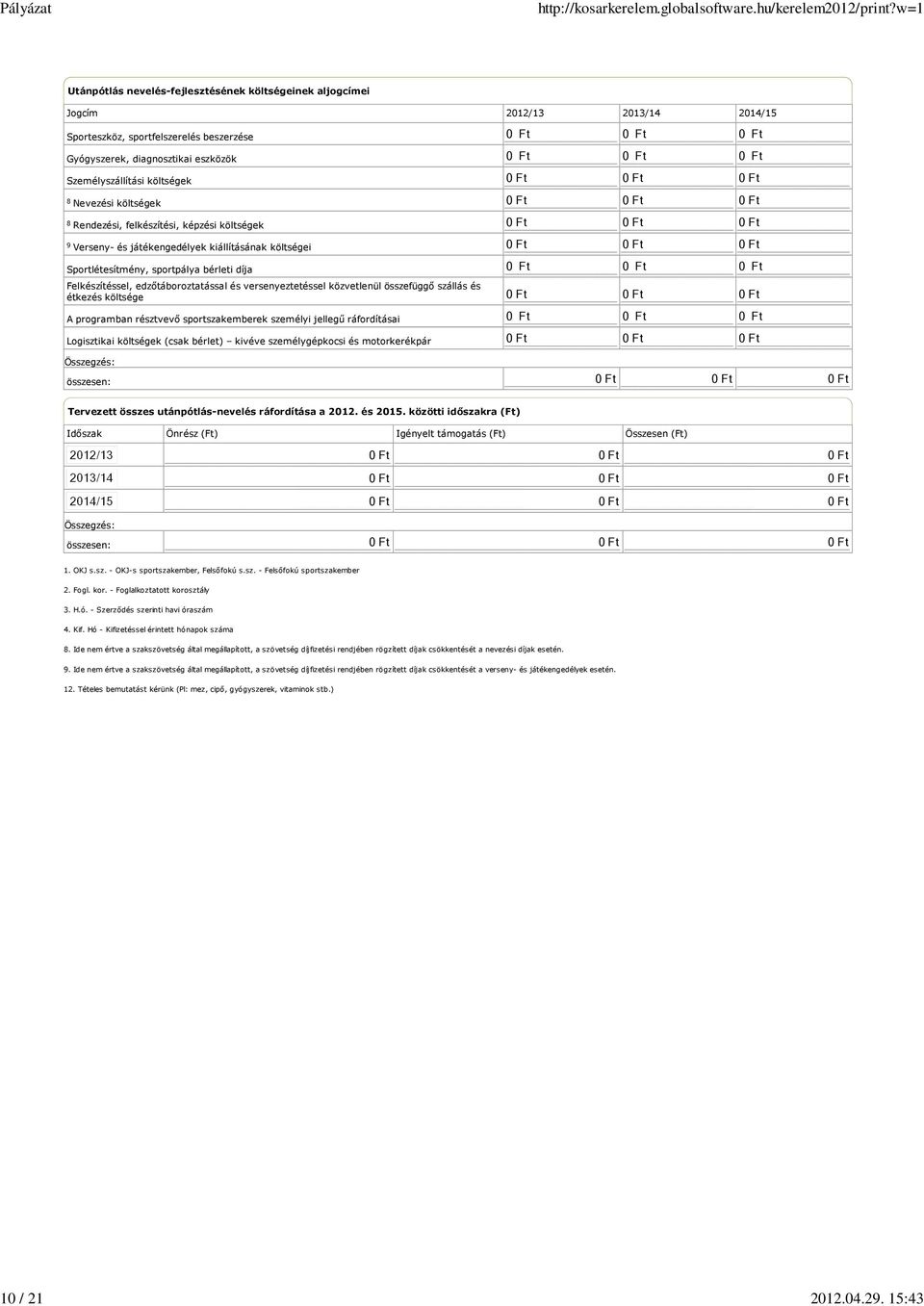 8 Nevezési költségek 8 Rendezési, felkészítési, képzési költségek 9 Verseny- és játékengedélyek kiállításának költségei Sportlétesítmény, sportpálya bérleti díja Felkészítéssel, edzőtáboroztatással