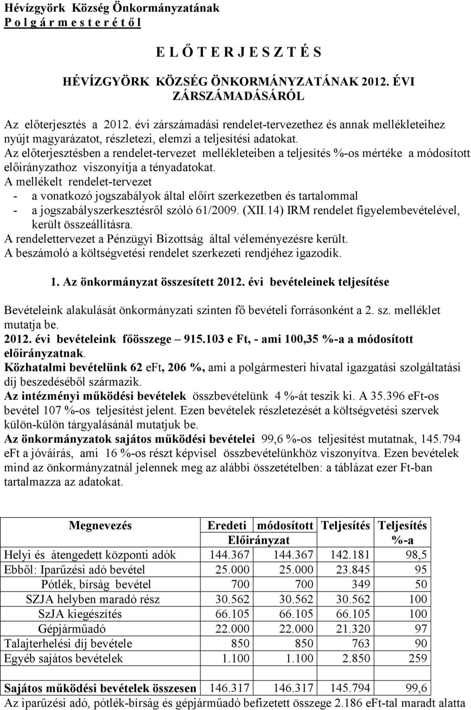 Az elıterjesztésben a rendelet-tervezet mellékleteiben a teljesítés %-os mértéke a módosított elıirányzathoz viszonyítja a tényadatokat.