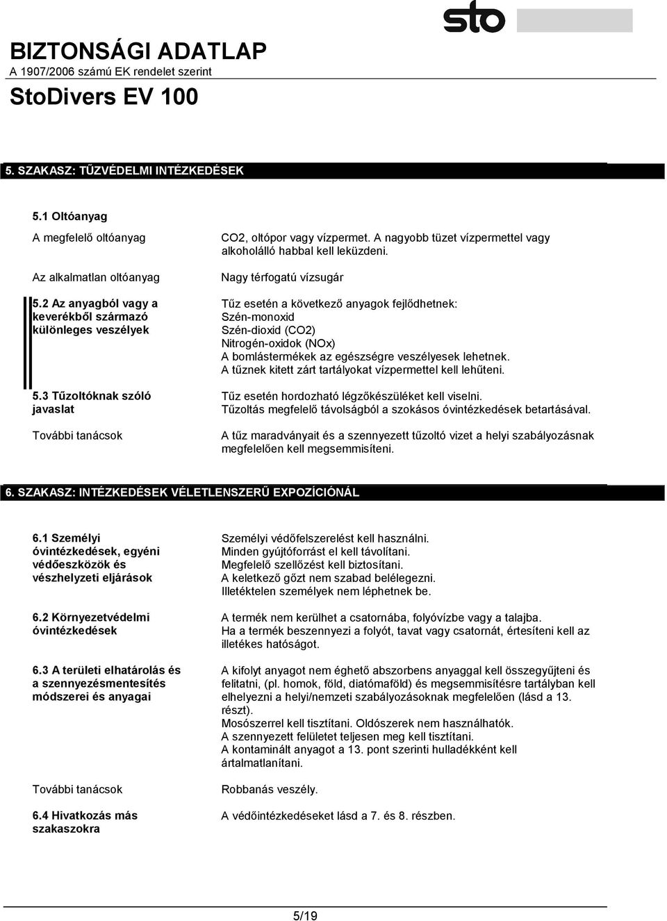 Nagy térfogatú vízsugár Tűz esetén a következő anyagok fejlődhetnek: Szén-monoxid Szén-dioxid (CO2) Nitrogén-oxidok (NOx) A bomlástermékek az egészségre veszélyesek lehetnek.