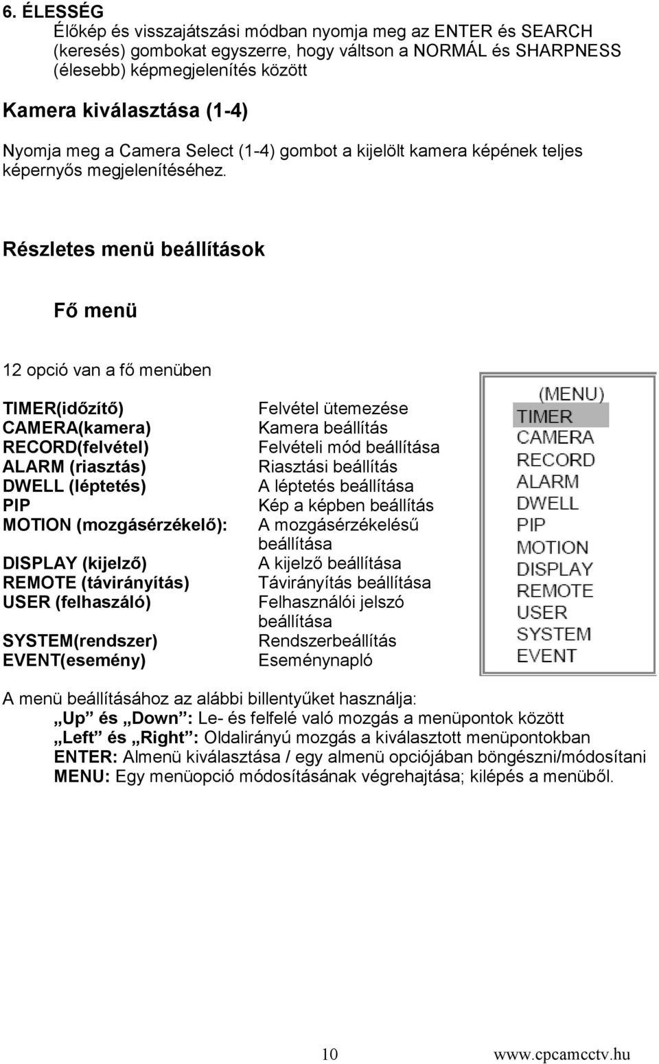 Részletes menü beállítások Fő menü 12 opció van a fő menüben TIMER(időzítő) CAMERA(kamera) RECORD(felvétel) ALARM (riasztás) DWELL (léptetés) PIP MOTION (mozgásérzékelő): DISPLAY (kijelző) REMOTE