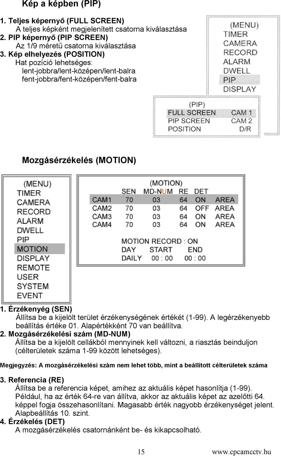 Érzékenyég (SEN) Állítsa be a kijelölt terület érzékenységének értékét (1-99). A legérzékenyebb beállítás értéke 01. Alapértékként 70 van beállítva. 2.