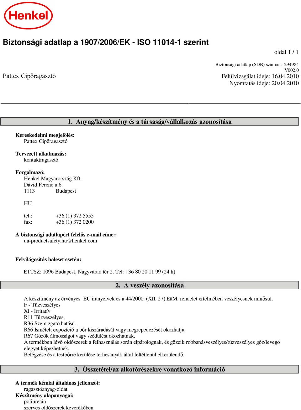 : +36 (1) 372 5555 fax: +36 (1) 372 0200 A biztonsági adatlapért felel s e-mail címe:: ua-productsafety.hu@henkel.com 1.