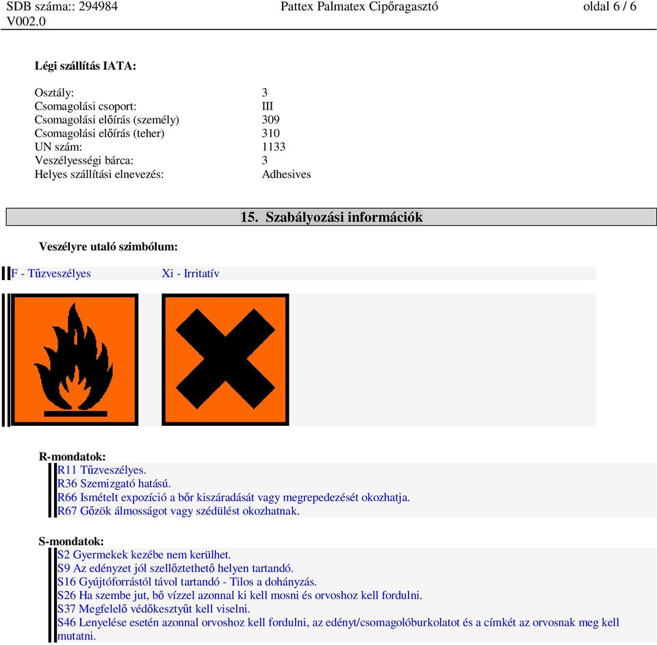 R67 G zök álmosságot vagy szédülést okozhatnak. S-mondatok: S2 Gyermekek kezébe nem kerülhet. S9 Az edényzet jól szell ztethet helyen tartandó. S16 Gyújtóforrástól távol tartandó - Tilos a dohányzás.