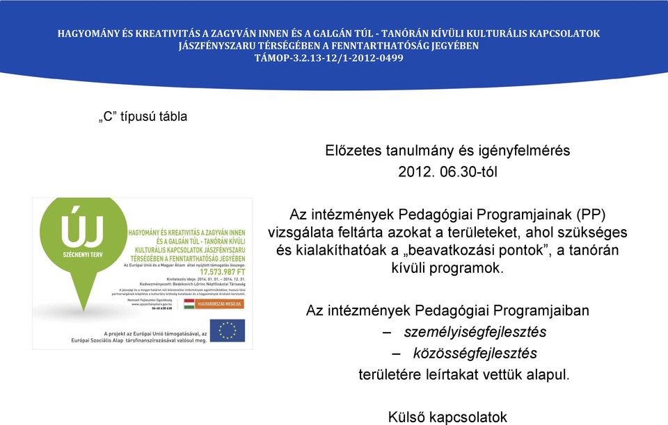 területeket, ahol szükséges és kialakíthatóak a beavatkozási pontok, a tanórán kívüli
