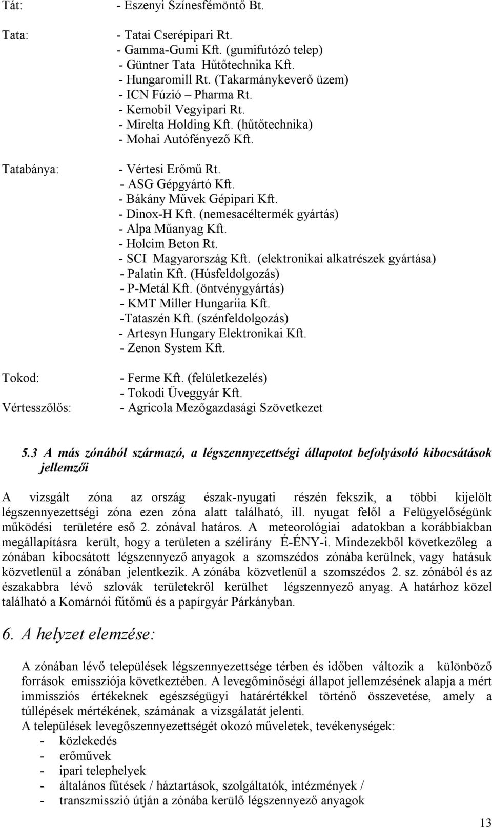 - Bákány Művek Gépipari Kft. - Dinox-H Kft. (nemesacéltermék gyártás) - Alpa Műanyag Kft. - Holcim Beton Rt. - SCI Magyarország Kft. (elektronikai alkatrészek gyártása) - Palatin Kft.