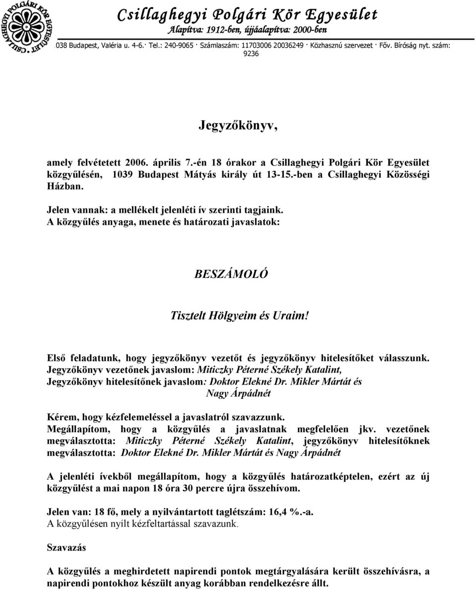 Jelen vannak: a mellékelt jelenléti ív szerinti tagjaink. A közgyűlés anyaga, menete és határozati javaslatok: BESZÁMOLÓ Tisztelt Hölgyeim és Uraim!