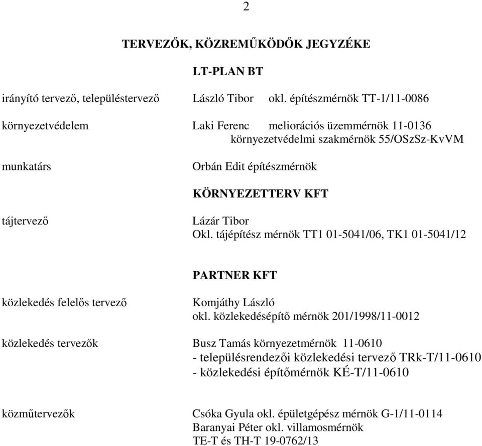 tájtervezı Lázár Tibor Okl. tájépítész mérnök TT1 01-5041/06, TK1 01-5041/12 PARTNER KFT közlekedés felelıs tervezı Komjáthy László okl.