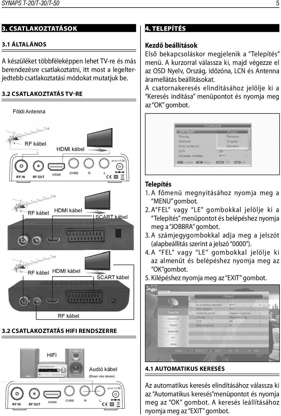 A csatornakeresés elindításához jelölje ki a Keresés indítása menüpontot és nyomja meg az OK RF kábel HDMI kábel RF kábel RF kábel HDMI kábel RF kábel HDMI kábel SCART kábel SCART kábel Telepítés 1.