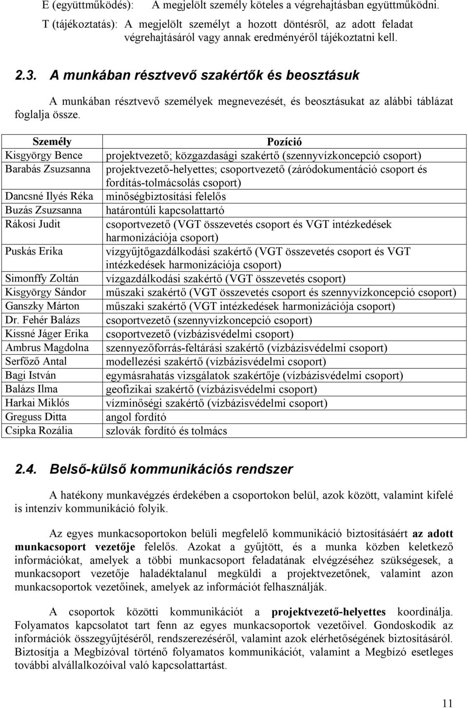 A munkában résztvevő szakértők és beosztásuk A munkában résztvevő személyek megnevezését, és beosztásukat az alábbi táblázat foglalja össze.