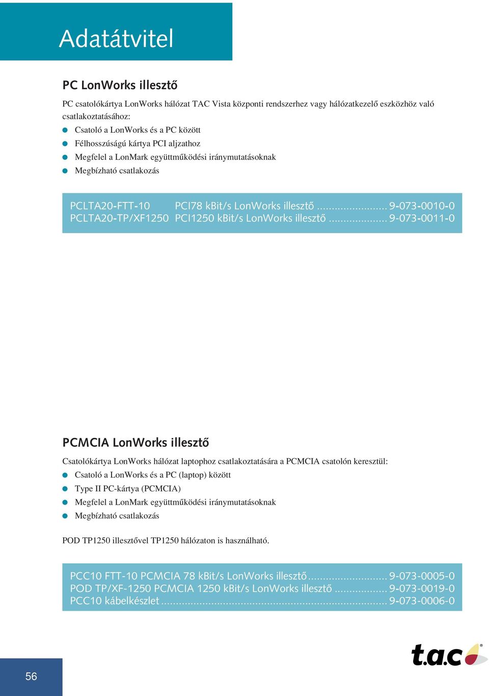 .. 9-073-0011-0 PCMCIA LonWorks illesztô Csatolókártya LonWorks hálózat laptophoz csatlakoztatására a PCMCIA csatolón keresztül: Csatoló a LonWorks és a PC (laptop) között Type II PC-kártya (PCMCIA)
