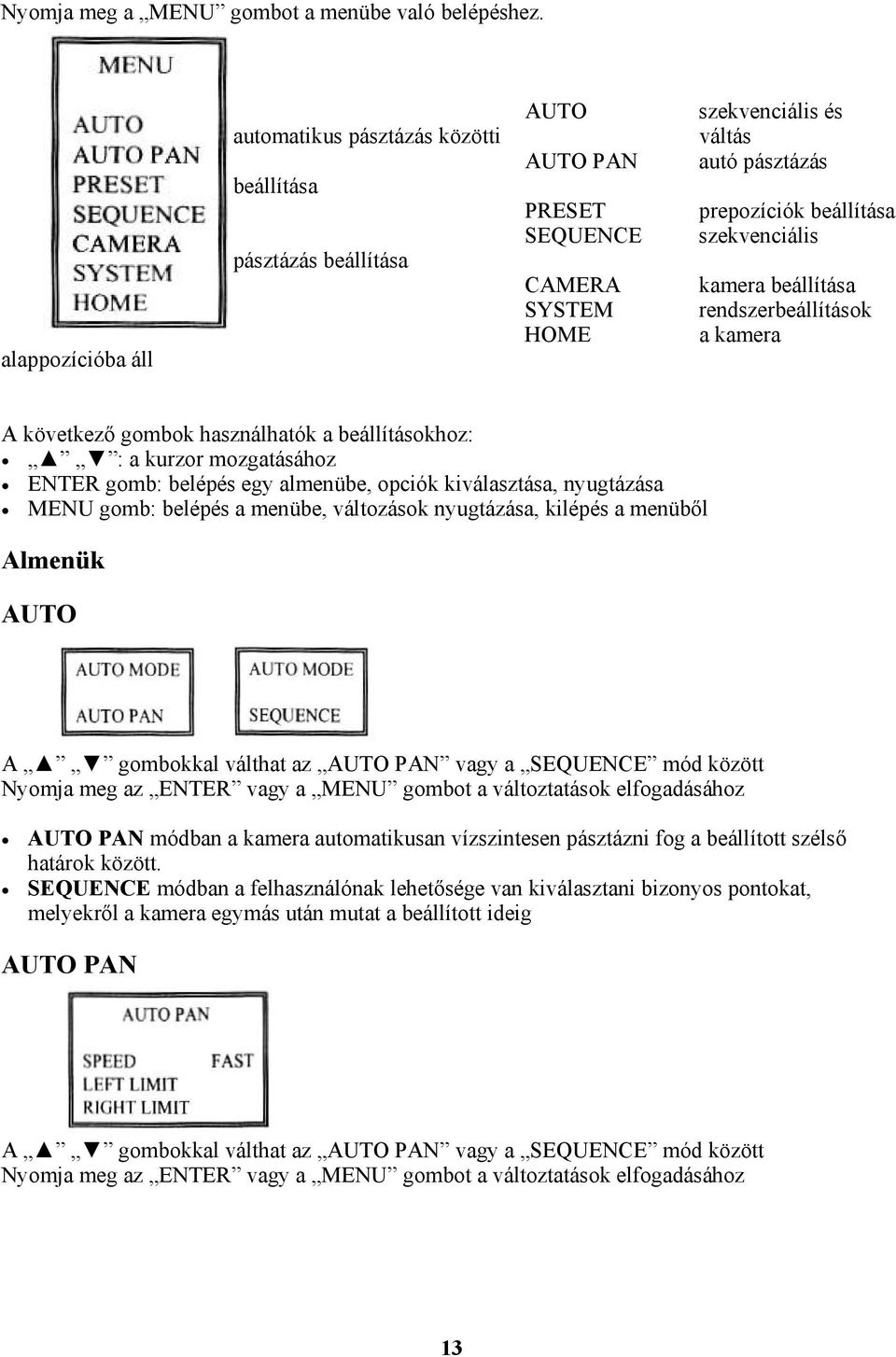 szekvenciális kamera beállítása rendszerbeállítások a kamera A következő gombok használhatók a beállításokhoz: : a kurzor mozgatásához ENTER gomb: belépés egy almenübe, opciók kiválasztása,