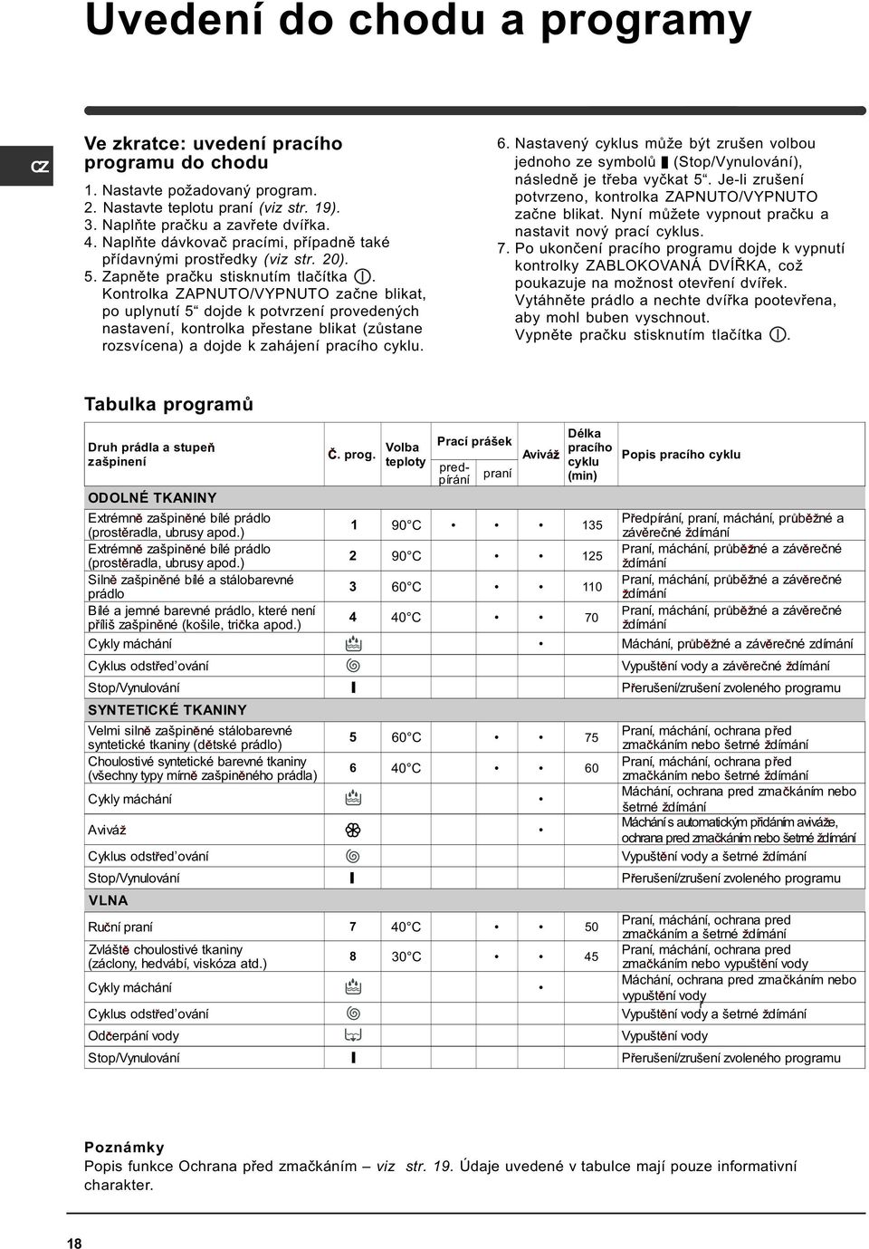 Kontrolka ZAPNUTO/VYPNUTO zaène blikat, po uplynutí 5 dojde k potvrzení provedených nastavení, kontrolka pøestane blikat (zùstane rozsvícena) a dojde k zahájení pracího cyklu. 6.