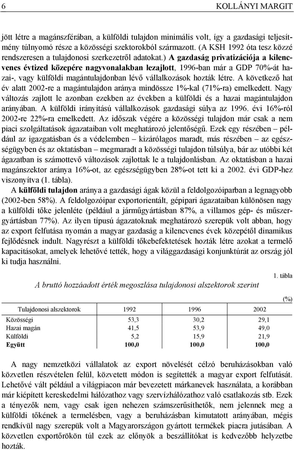 ) A gazdaság privatizációja a kilencvenes évtized közepére nagyvonalakban lezajlott, 1996-ban már a GDP 70%-át hazai-, vagy külföldi magántulajdonban lévő vállalkozások hozták létre.